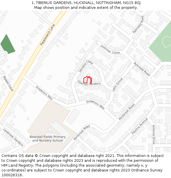 1, TIBERIUS GARDENS, HUCKNALL, NOTTINGHAM, NG15 8GJ: Location map and indicative extent of plot