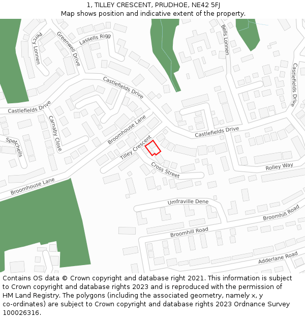 1, TILLEY CRESCENT, PRUDHOE, NE42 5FJ: Location map and indicative extent of plot