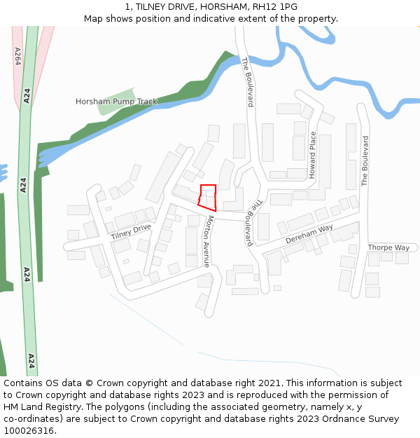 1, TILNEY DRIVE, HORSHAM, RH12 1PG: Location map and indicative extent of plot