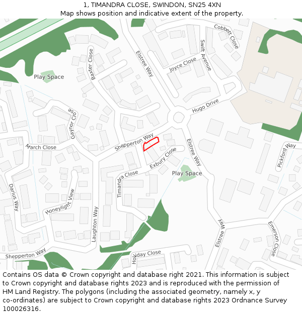1, TIMANDRA CLOSE, SWINDON, SN25 4XN: Location map and indicative extent of plot