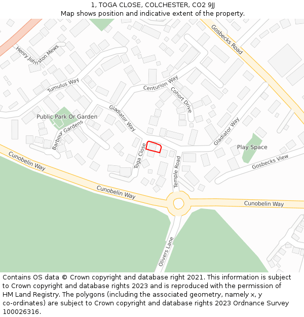 1, TOGA CLOSE, COLCHESTER, CO2 9JJ: Location map and indicative extent of plot