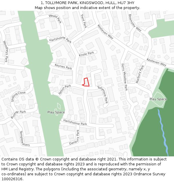 1, TOLLYMORE PARK, KINGSWOOD, HULL, HU7 3HY: Location map and indicative extent of plot