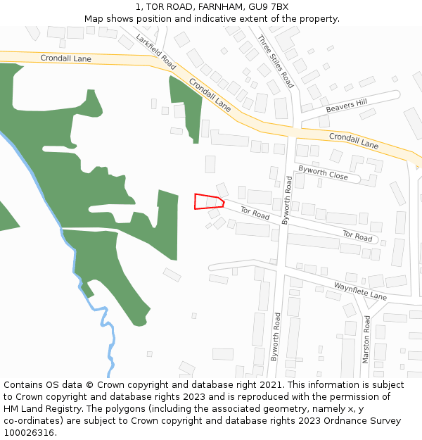 1, TOR ROAD, FARNHAM, GU9 7BX: Location map and indicative extent of plot