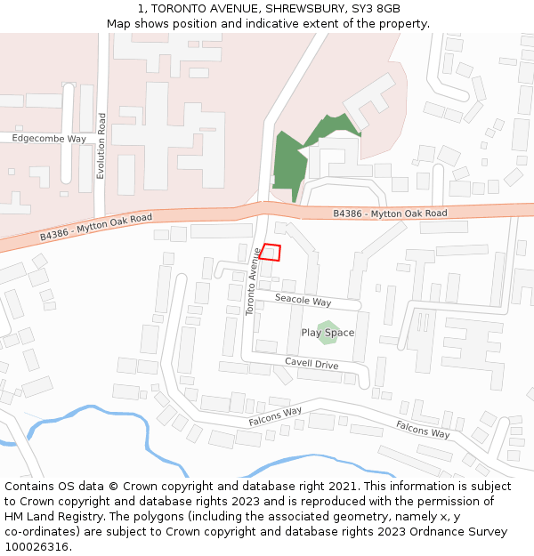 1, TORONTO AVENUE, SHREWSBURY, SY3 8GB: Location map and indicative extent of plot