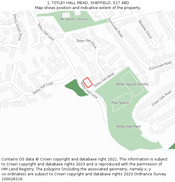 1, TOTLEY HALL MEAD, SHEFFIELD, S17 4BD: Location map and indicative extent of plot