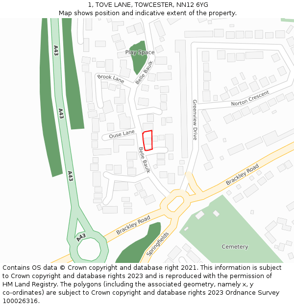 1, TOVE LANE, TOWCESTER, NN12 6YG: Location map and indicative extent of plot