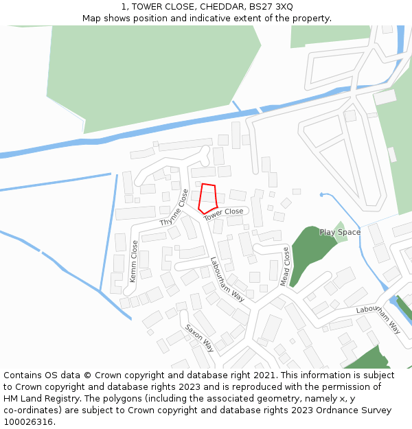 1, TOWER CLOSE, CHEDDAR, BS27 3XQ: Location map and indicative extent of plot