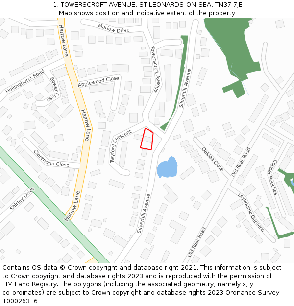 1, TOWERSCROFT AVENUE, ST LEONARDS-ON-SEA, TN37 7JE: Location map and indicative extent of plot
