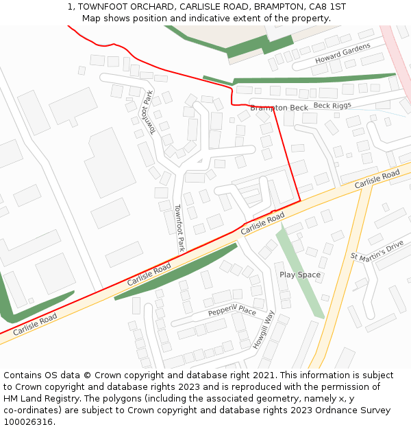 1, TOWNFOOT ORCHARD, CARLISLE ROAD, BRAMPTON, CA8 1ST: Location map and indicative extent of plot