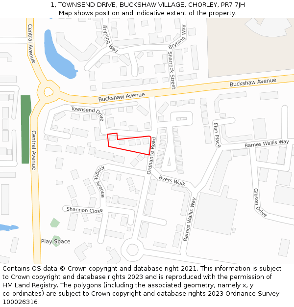 1, TOWNSEND DRIVE, BUCKSHAW VILLAGE, CHORLEY, PR7 7JH: Location map and indicative extent of plot