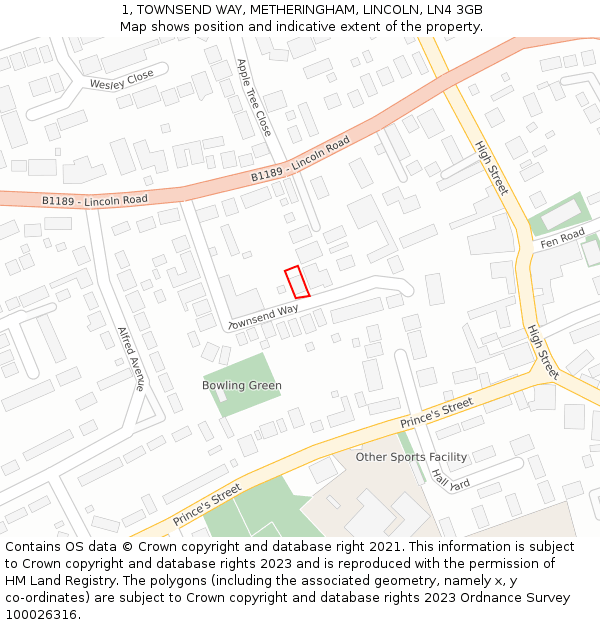 1, TOWNSEND WAY, METHERINGHAM, LINCOLN, LN4 3GB: Location map and indicative extent of plot