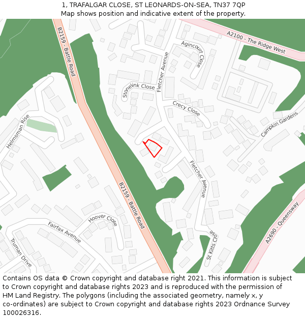1, TRAFALGAR CLOSE, ST LEONARDS-ON-SEA, TN37 7QP: Location map and indicative extent of plot