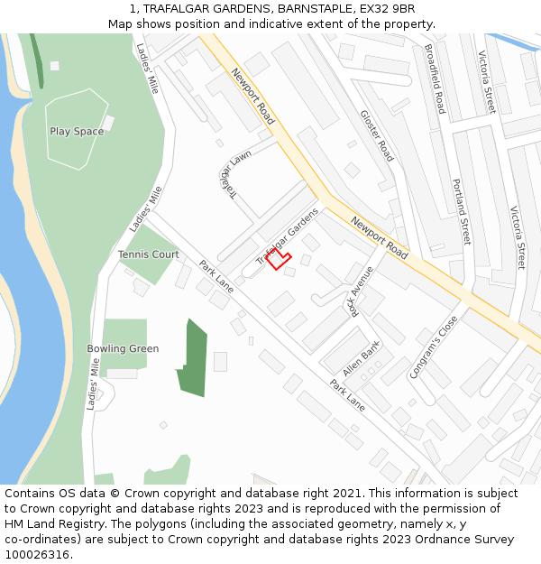 1, TRAFALGAR GARDENS, BARNSTAPLE, EX32 9BR: Location map and indicative extent of plot