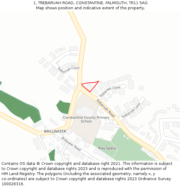 1, TREBARVAH ROAD, CONSTANTINE, FALMOUTH, TR11 5AG: Location map and indicative extent of plot