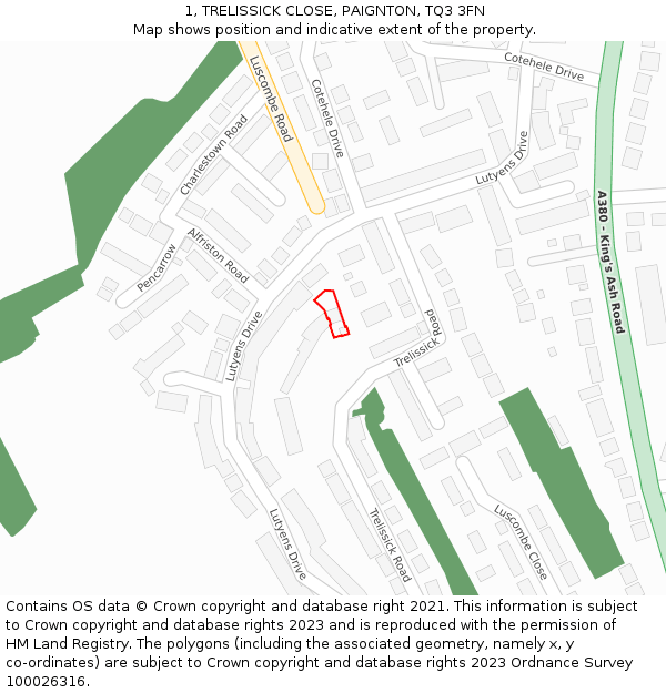 1, TRELISSICK CLOSE, PAIGNTON, TQ3 3FN: Location map and indicative extent of plot