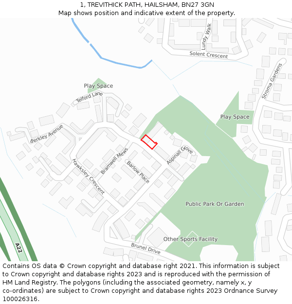 1, TREVITHICK PATH, HAILSHAM, BN27 3GN: Location map and indicative extent of plot