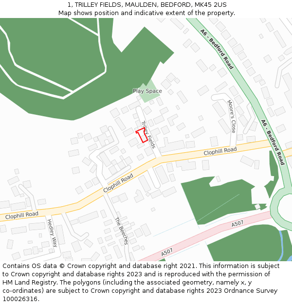 1, TRILLEY FIELDS, MAULDEN, BEDFORD, MK45 2US: Location map and indicative extent of plot