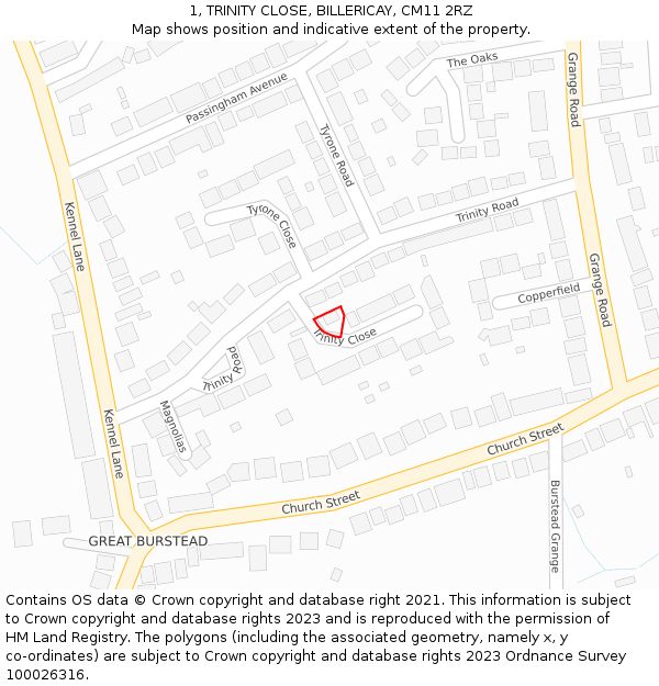 1, TRINITY CLOSE, BILLERICAY, CM11 2RZ: Location map and indicative extent of plot