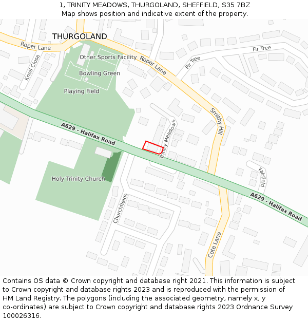 1, TRINITY MEADOWS, THURGOLAND, SHEFFIELD, S35 7BZ: Location map and indicative extent of plot