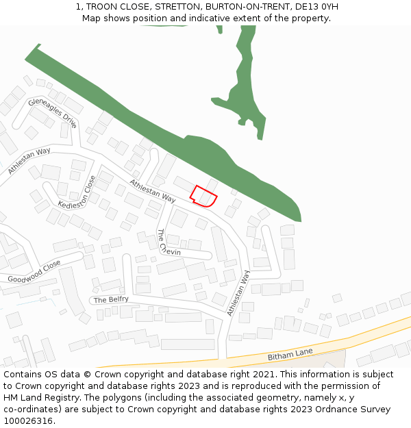 1, TROON CLOSE, STRETTON, BURTON-ON-TRENT, DE13 0YH: Location map and indicative extent of plot