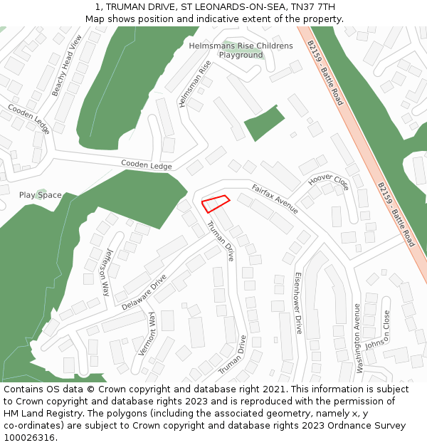 1, TRUMAN DRIVE, ST LEONARDS-ON-SEA, TN37 7TH: Location map and indicative extent of plot