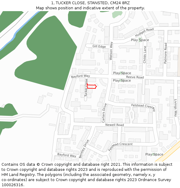 1, TUCKER CLOSE, STANSTED, CM24 8RZ: Location map and indicative extent of plot
