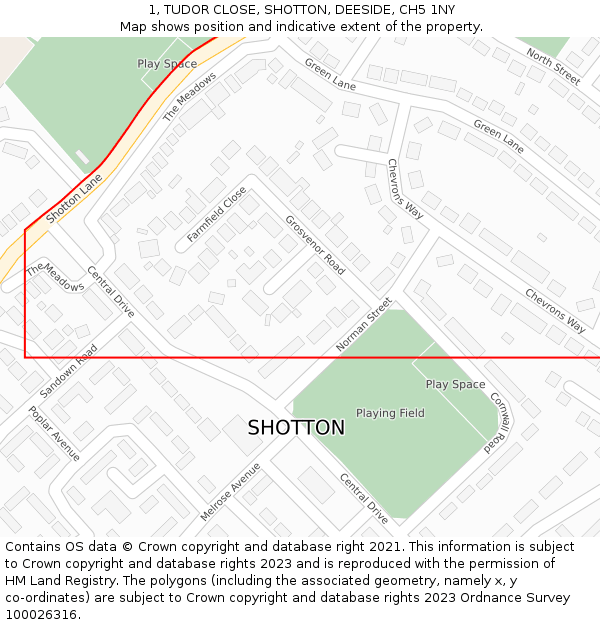 1, TUDOR CLOSE, SHOTTON, DEESIDE, CH5 1NY: Location map and indicative extent of plot