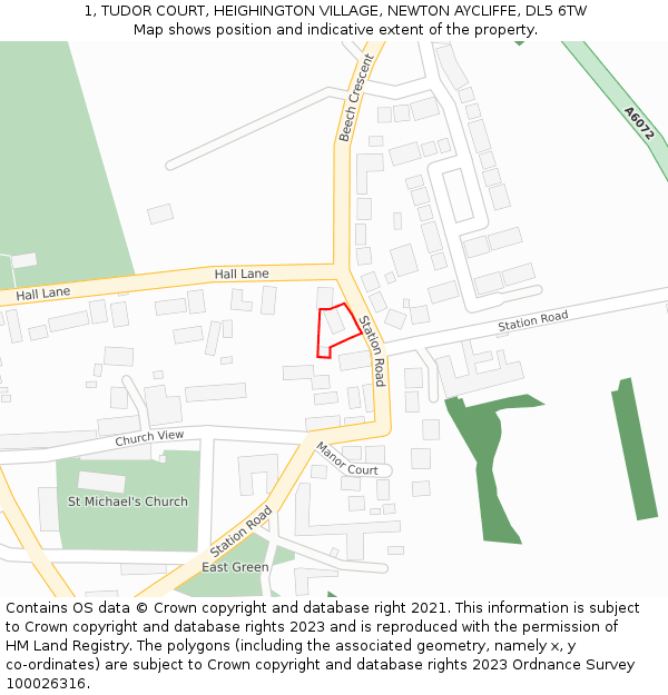 1, TUDOR COURT, HEIGHINGTON VILLAGE, NEWTON AYCLIFFE, DL5 6TW: Location map and indicative extent of plot