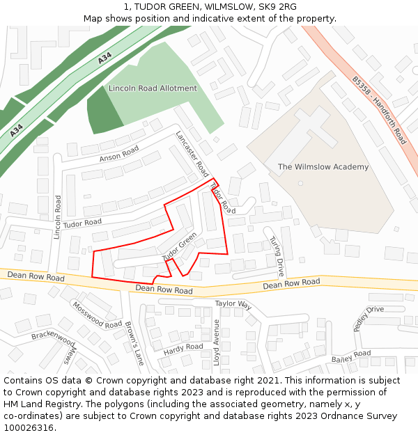 1, TUDOR GREEN, WILMSLOW, SK9 2RG: Location map and indicative extent of plot