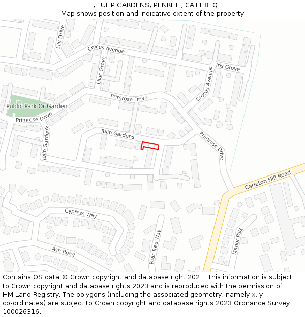1, TULIP GARDENS, PENRITH, CA11 8EQ: Location map and indicative extent of plot