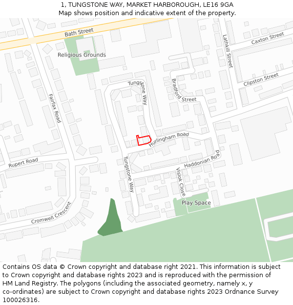 1, TUNGSTONE WAY, MARKET HARBOROUGH, LE16 9GA: Location map and indicative extent of plot