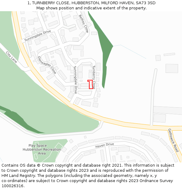 1, TURNBERRY CLOSE, HUBBERSTON, MILFORD HAVEN, SA73 3SD: Location map and indicative extent of plot