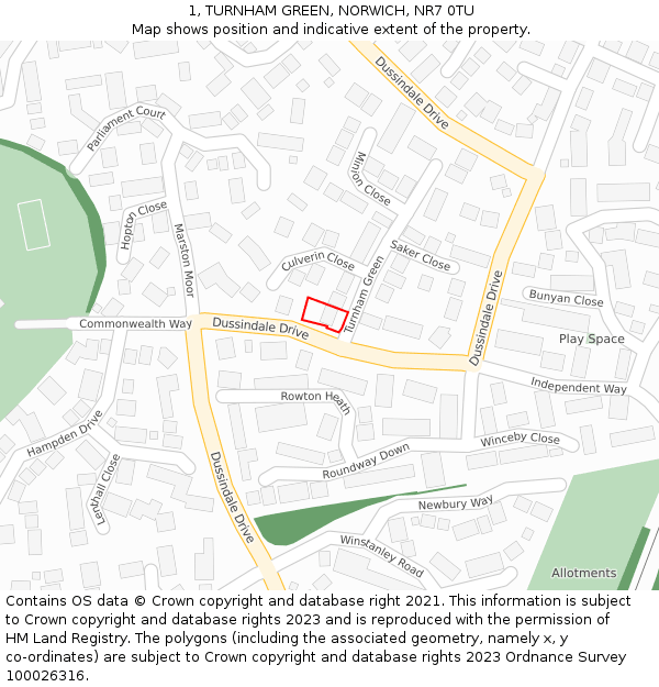 1, TURNHAM GREEN, NORWICH, NR7 0TU: Location map and indicative extent of plot