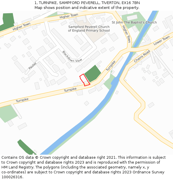 1, TURNPIKE, SAMPFORD PEVERELL, TIVERTON, EX16 7BN: Location map and indicative extent of plot