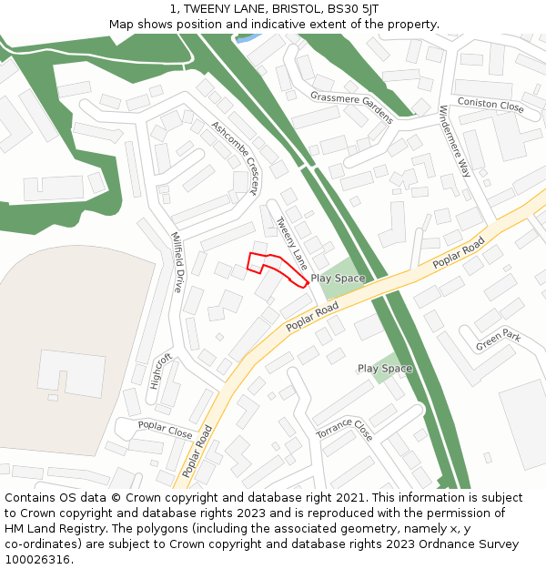 1, TWEENY LANE, BRISTOL, BS30 5JT: Location map and indicative extent of plot
