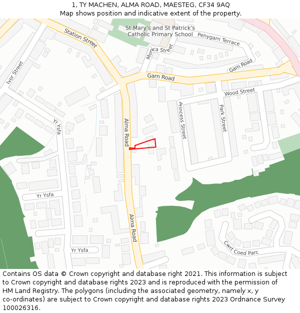 1, TY MACHEN, ALMA ROAD, MAESTEG, CF34 9AQ: Location map and indicative extent of plot