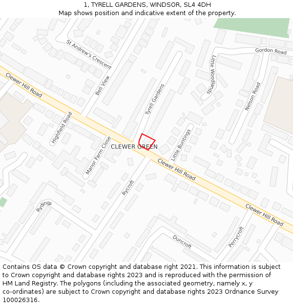 1, TYRELL GARDENS, WINDSOR, SL4 4DH: Location map and indicative extent of plot