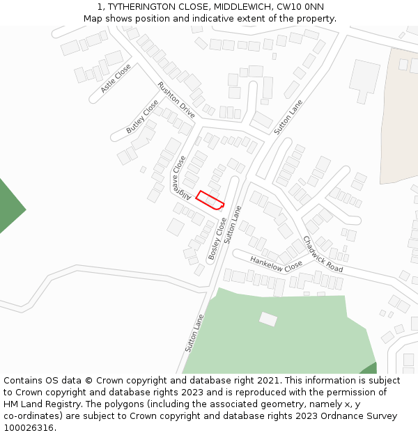 1, TYTHERINGTON CLOSE, MIDDLEWICH, CW10 0NN: Location map and indicative extent of plot