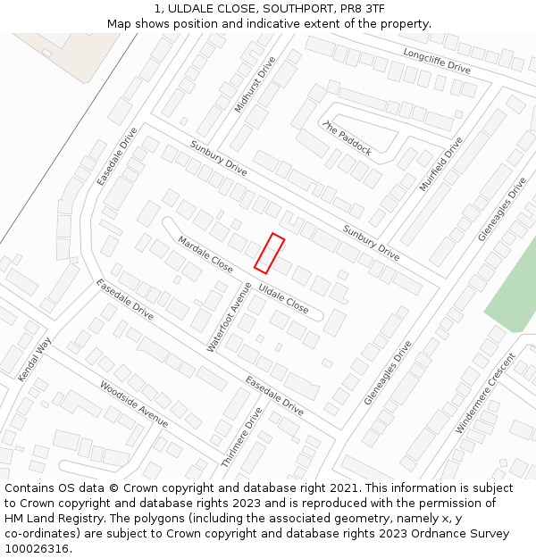 1, ULDALE CLOSE, SOUTHPORT, PR8 3TF: Location map and indicative extent of plot