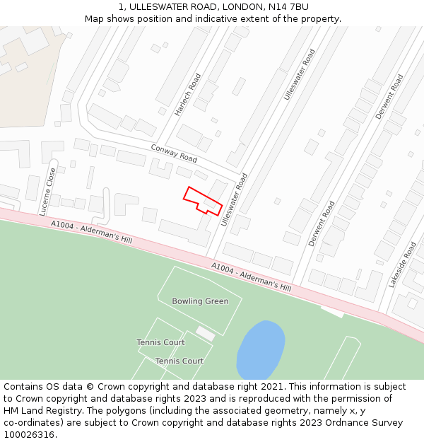 1, ULLESWATER ROAD, LONDON, N14 7BU: Location map and indicative extent of plot