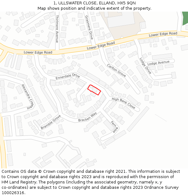 1, ULLSWATER CLOSE, ELLAND, HX5 9QN: Location map and indicative extent of plot