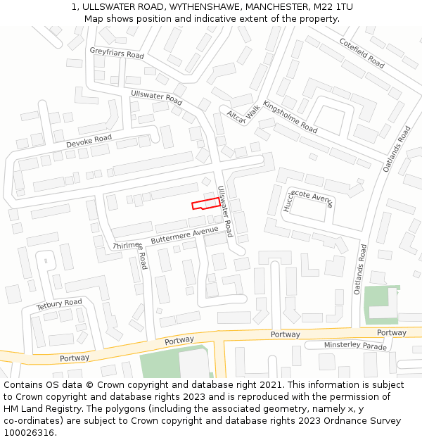 1, ULLSWATER ROAD, WYTHENSHAWE, MANCHESTER, M22 1TU: Location map and indicative extent of plot