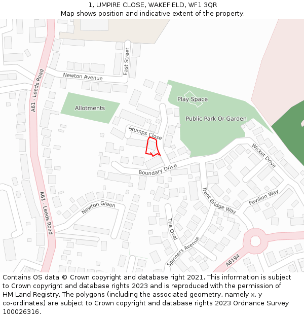1, UMPIRE CLOSE, WAKEFIELD, WF1 3QR: Location map and indicative extent of plot
