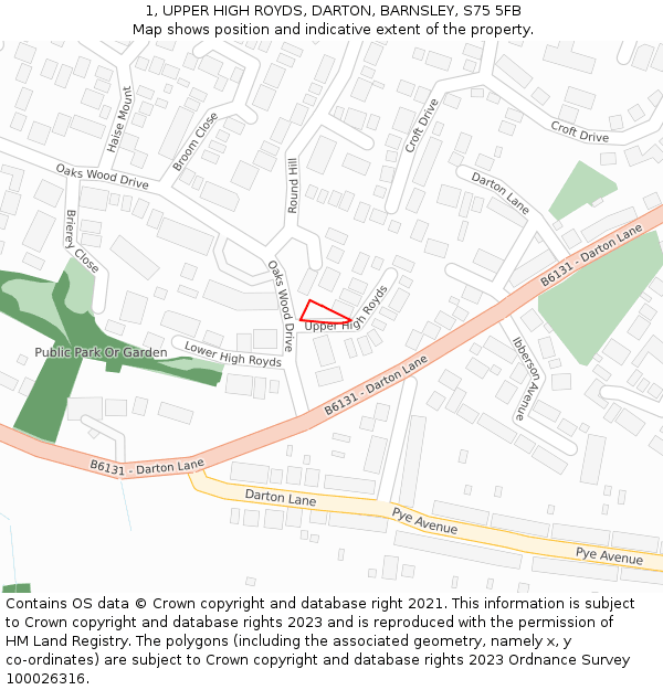 1, UPPER HIGH ROYDS, DARTON, BARNSLEY, S75 5FB: Location map and indicative extent of plot