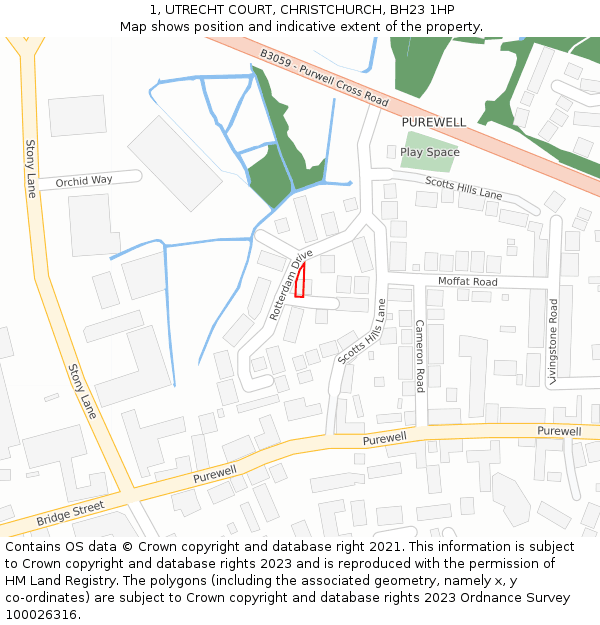 1, UTRECHT COURT, CHRISTCHURCH, BH23 1HP: Location map and indicative extent of plot