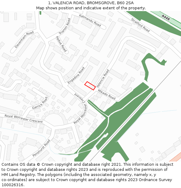 1, VALENCIA ROAD, BROMSGROVE, B60 2SA: Location map and indicative extent of plot