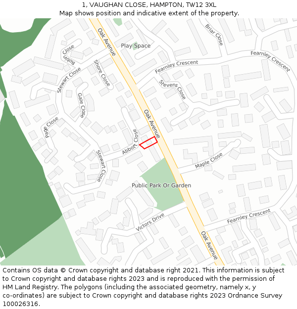 1, VAUGHAN CLOSE, HAMPTON, TW12 3XL: Location map and indicative extent of plot