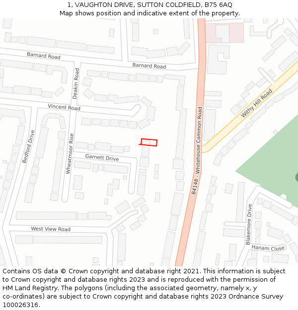 1, VAUGHTON DRIVE, SUTTON COLDFIELD, B75 6AQ: Location map and indicative extent of plot