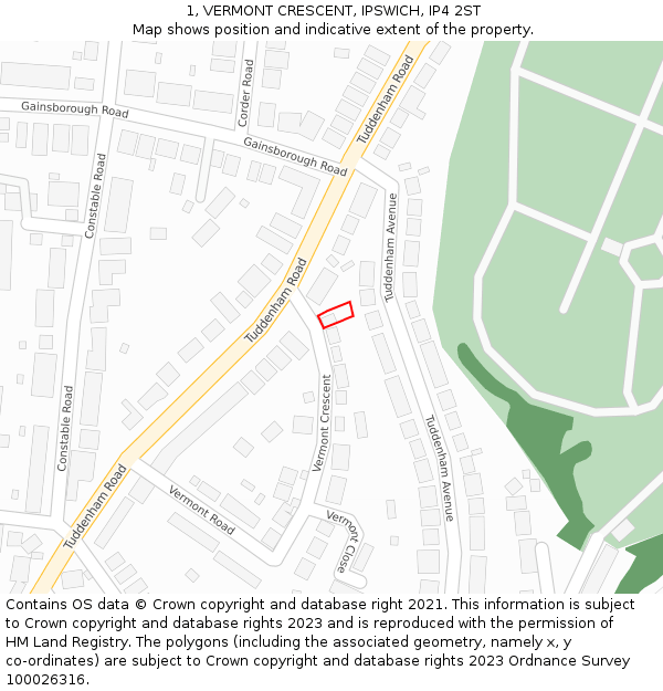 1, VERMONT CRESCENT, IPSWICH, IP4 2ST: Location map and indicative extent of plot