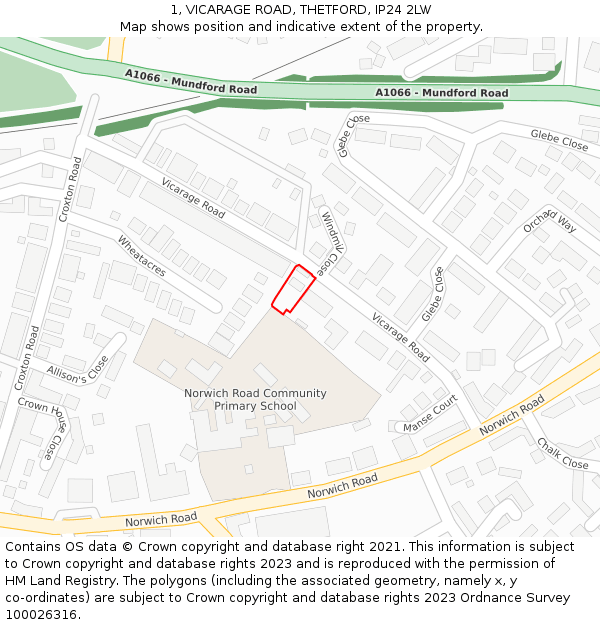 1, VICARAGE ROAD, THETFORD, IP24 2LW: Location map and indicative extent of plot